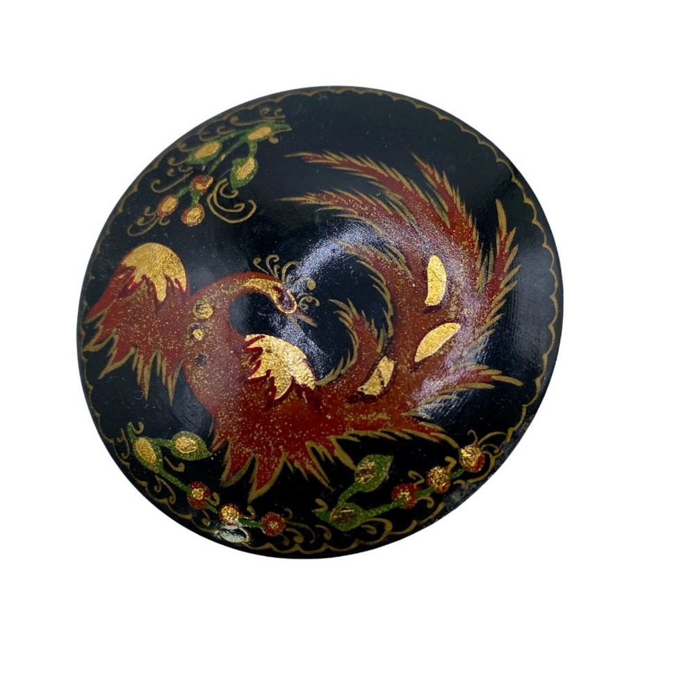 Vintage Signed Russian Hand Painted Black Lacquer Red and Gold Bird Wood Pin